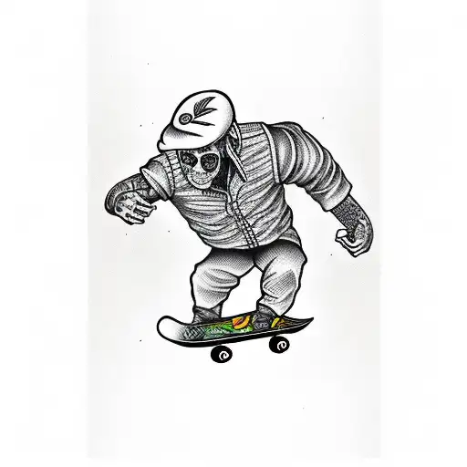 Humanoid on a skateboard in Mushroom Valley  tattoo design idea