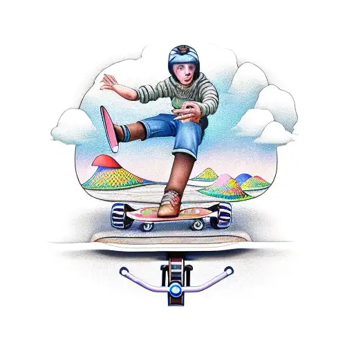 Humanoid on a skateboard in Mushroom Valley style:psychedelics, old school tattoo design idea