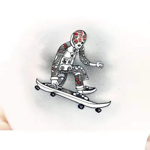 Humanoid on a skateboard in Mushroom Valley  tattoo design idea