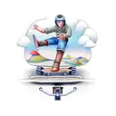 Humanoid on a skateboard in Mushroom Valley style:psychedelics, old school tattoo design idea