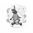 Humanoid on a skateboard in Mushroom Valley style:psychedelics, old school tattoo design idea