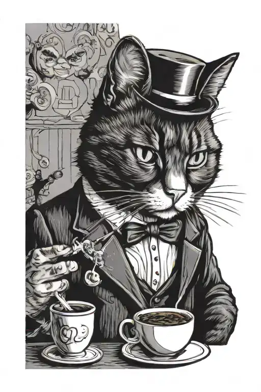 Tuxedo cat smoking a cigarette and drinking a cup of coffee tattoo design idea