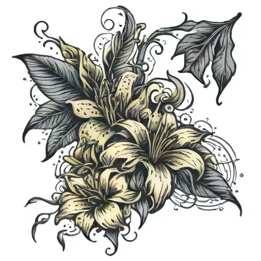 tiger lily flower sunflower and a wilted rose under a rain cloud  tattoo design idea