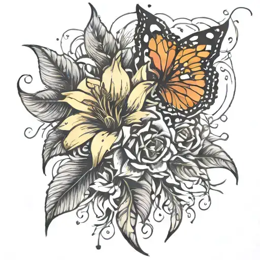 tiger lily flower sunflower and a wilted rose under a rain cloud  tattoo design idea