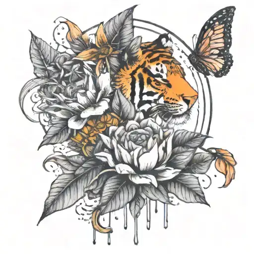 tiger lily flower sunflower and a wilted rose under a rain cloud  tattoo design idea