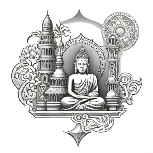 middle east temple with small buddha and other middle east theme tattoo design idea