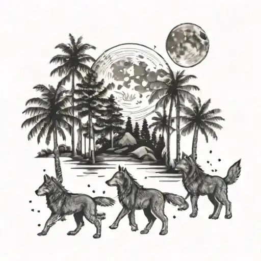 A tattoo of a wolf pack howling at the moon, with each wolf symbolizing a family member, surrounded by palm trees tattoo design idea