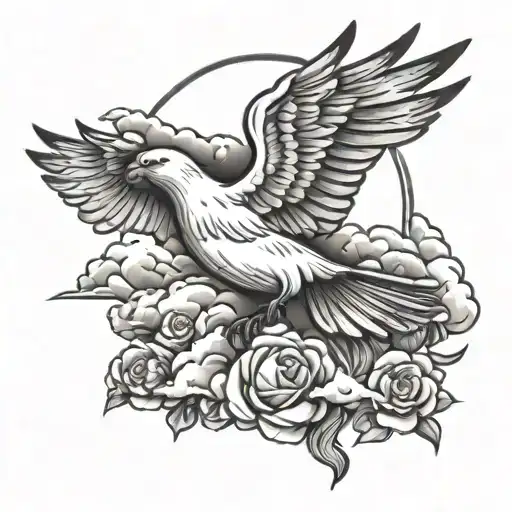 Long Live Larry with clouds and doves flying towards tattoo design idea