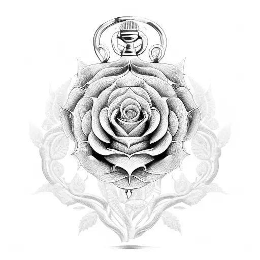 A pocket watch surrounded by intricate rose vines tattoo design idea