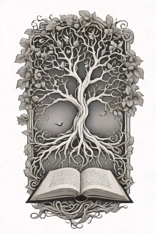 A tree with roots intertwined with a book, representing the client's passion for reading and knowledge tattoo design idea