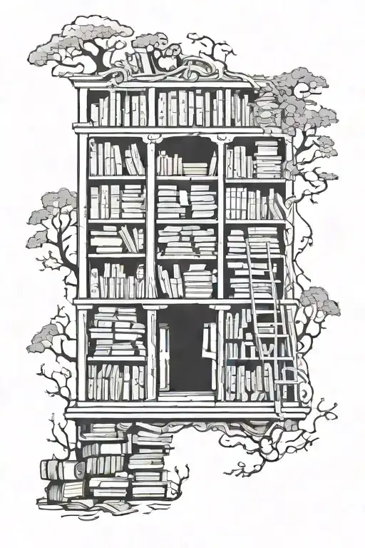 A bookshelf tattoo with ghostly figures peeking out from behind the books tattoo design idea