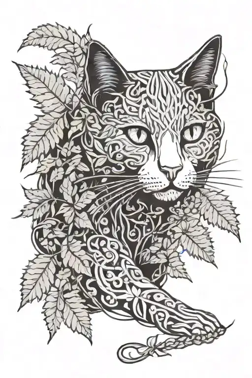 A ghostly cat weaving through a forest of ferns and vines tattoo design idea