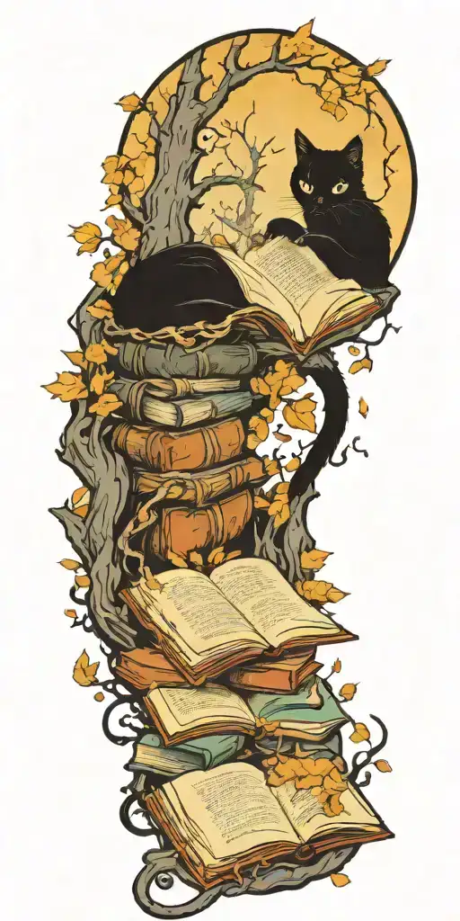 A spooky black cat reading a book under a haunted tree tattoo design idea