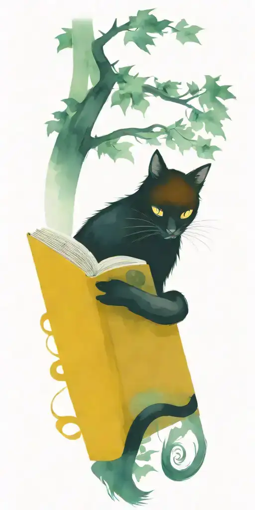 A spooky black cat reading a book under a haunted tree tattoo design idea