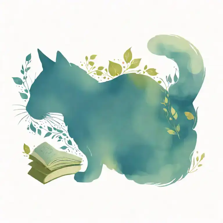 An intricate design of a cat's silhouette filled with book pages and tea leaves, surrounded by blankets tattoo design idea