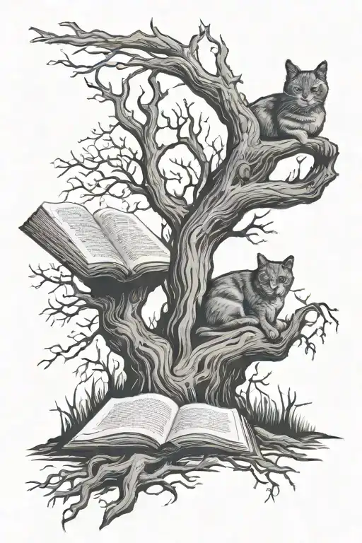 A cat reading a book under a spooky tree with ghostly apparitions tattoo design idea