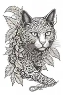 A ghostly cat weaving through a forest of ferns and vines tattoo design idea