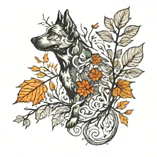 elements of autumn and a dog.  autumn leaves, small branches, and perhaps an outline or paw print tattoo design idea