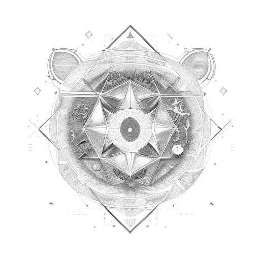 A geometric pattern incorporating the zodiac signs Libra, Aquarius, and Cancer in a symmetrical design tattoo design idea