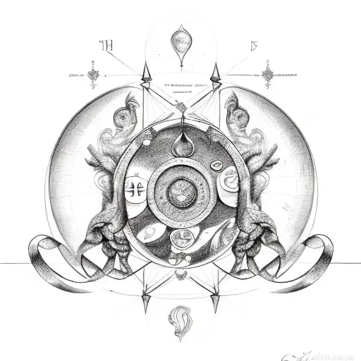 A detailed sketch of a balanced scale with the zodiac signs Libra, Aquarius, and Cancer incorporated tattoo design idea