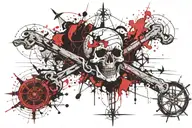 an old treasure map with a marked route. a compass, a skull and crossbones. tattoo design idea