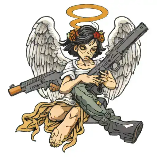 sad angel with gun tattoo design idea