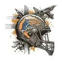 A collage of diesel truck parts forming a football with University of Florida colors and a soldier silhouette in the background tattoo design idea