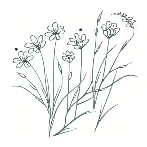 grass with 5 small flowers coming out of it. tiny paw print on the side tattoo design idea