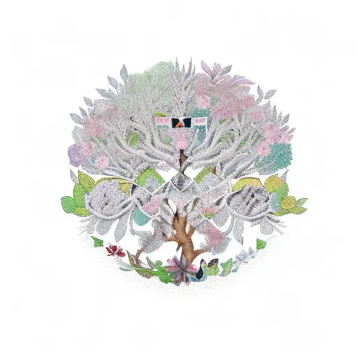 Family tree intertwined with Indonesian flora and fauna tattoo design idea
