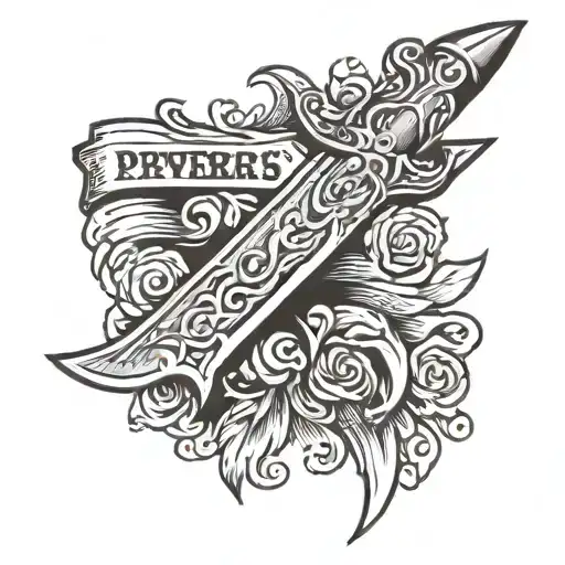 an American traditional dagger stabbing a scroll that says "Proverbs 27:17" tattoo design idea