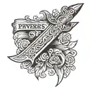 an American traditional dagger stabbing a scroll that says "Proverbs 27:17" tattoo design idea