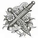 an American traditional dagger stabbing a scroll that says "Proverbs 27:17" tattoo design idea