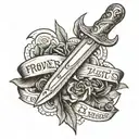 an American traditional dagger stabbing a scroll that says "Proverbs 27:17" tattoo design idea