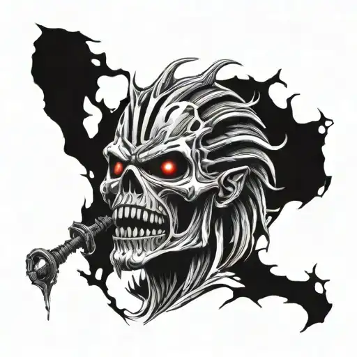 Create a black-grey tattoo design blending elements of Iron Maiden's music with the aesthetics of magic anime tattoo design idea