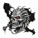 Create a black-grey tattoo design blending elements of Iron Maiden's music with the aesthetics of magic anime tattoo design idea