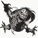 Create a black-grey tattoo design blending elements of Iron Maiden's music with the aesthetics of magic anime tattoo design idea