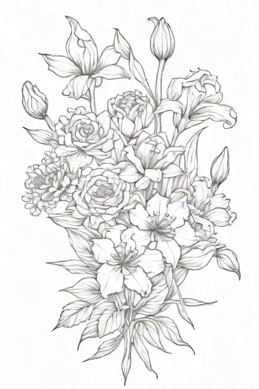Multi Flower Bouqet Singular Rose Singular Carnation Singular Daffodil Singlualr Tulip Singular Lily of the Valley tattoo design idea