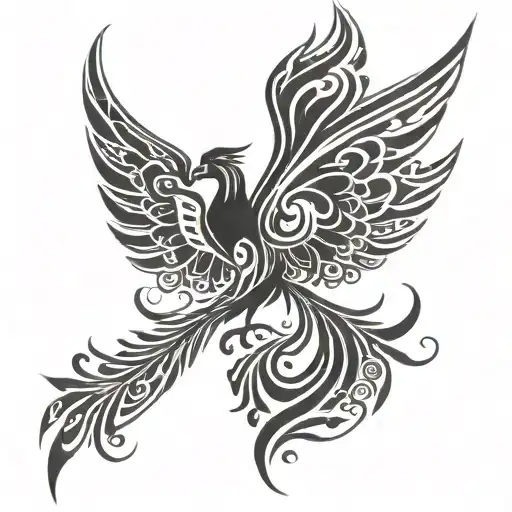 phoenix tatto design. on my forearm, black and white, bilateral symmetry, wings raised up tattoo design idea