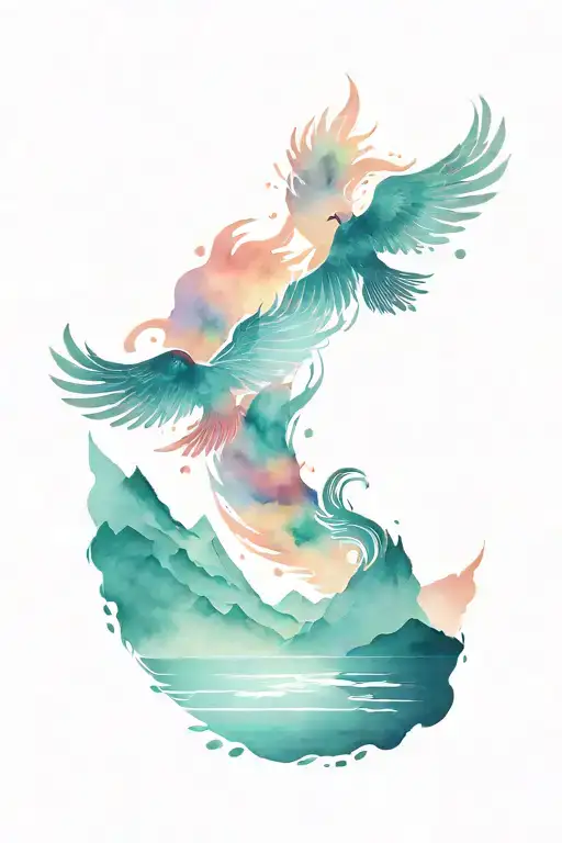 mountains and sea, phoenix wings, sun, love, king and queen, paired tattoos tattoo design idea
