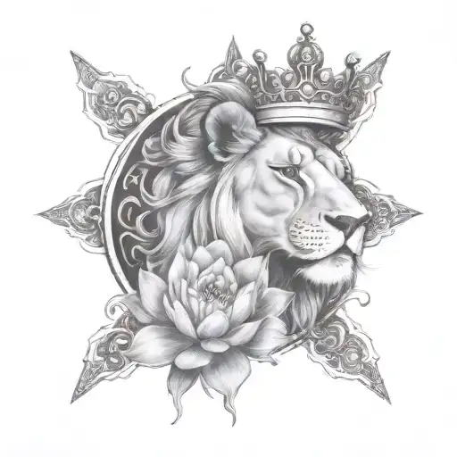 crown, lioness, cross, water, lotus flower intertwined tattoo design idea