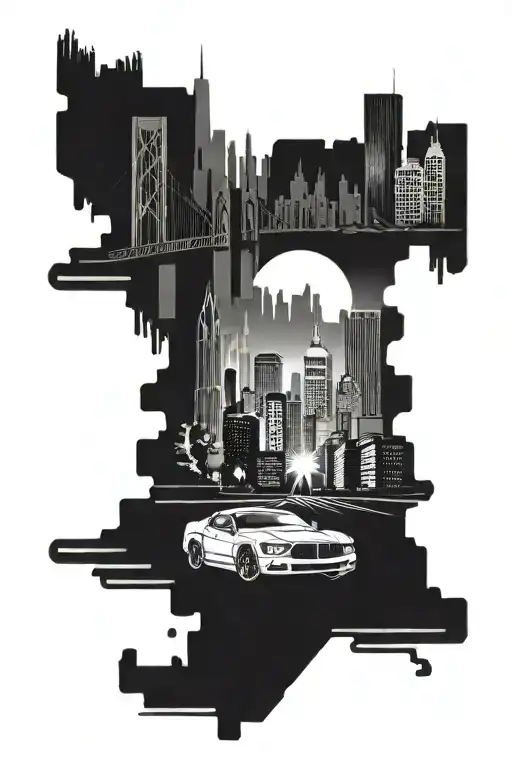 Design a tattoo of a city skyline with a car racing through the streets, inspired by Pittsburgh tattoo design idea