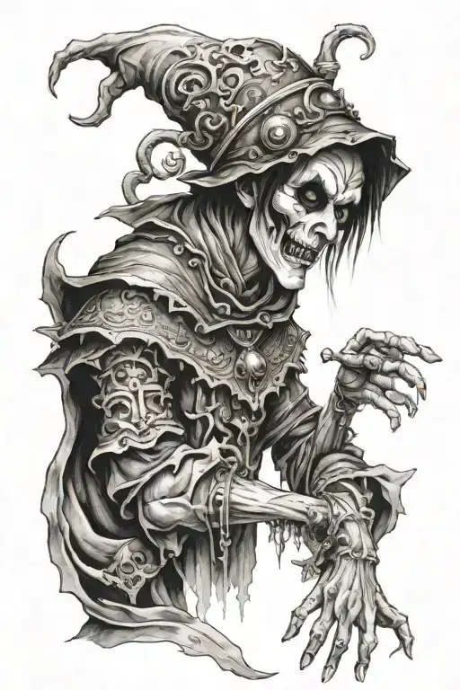 The jester necromancer controls people with threads tattoo design idea