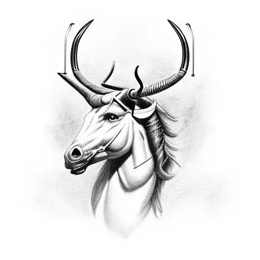 A realistic portrait of a Fire Ox with sagittarius arrow engaged in a favorite sport tattoo design idea