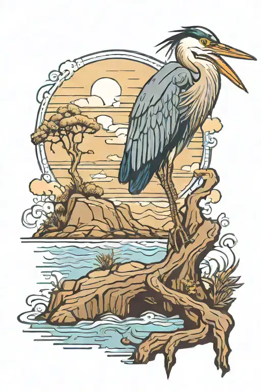 Blue Heron bird on a cliff overlooking the ocean scene with inititals KP hidden somewhere tattoo design idea