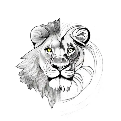 Mountain with lake beneath and lamb looking at reflection of lion tattoo design idea