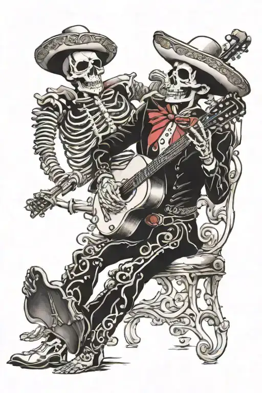 A surreal, vibrant scene of a mariachi skeleton, adorned in traditional attire, serenading a beautiful woman who is seat tattoo design idea