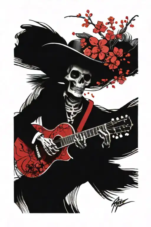 mariachi skeleton playing guitar surrounded by cherry blossoms, serenading a beautiful woman tattoo design idea