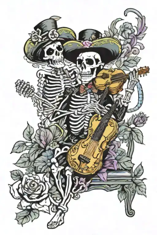 A surreal, vibrant scene of a mariachi skeleton, adorned in traditional attire, serenading a beautiful woman who is seat tattoo design idea
