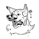 A minimalist tattoo of a dog holding a spaceship in its mouth tattoo design idea