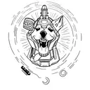 A minimalist tattoo of a dog holding a spaceship in its mouth tattoo design idea